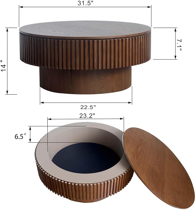 Round Coffee Table with Storage, Modern Wooden Coffee Table