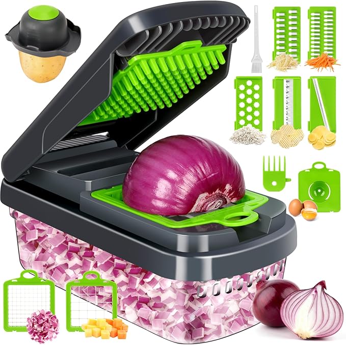 Yusshn Vegetable Chopper, 12-in-1 Food Veggie Chopper Cutter with Container | 7 Sharp Blades Dice, Slice, Shred and Grate for Salads, Onions and Meal Prep,.