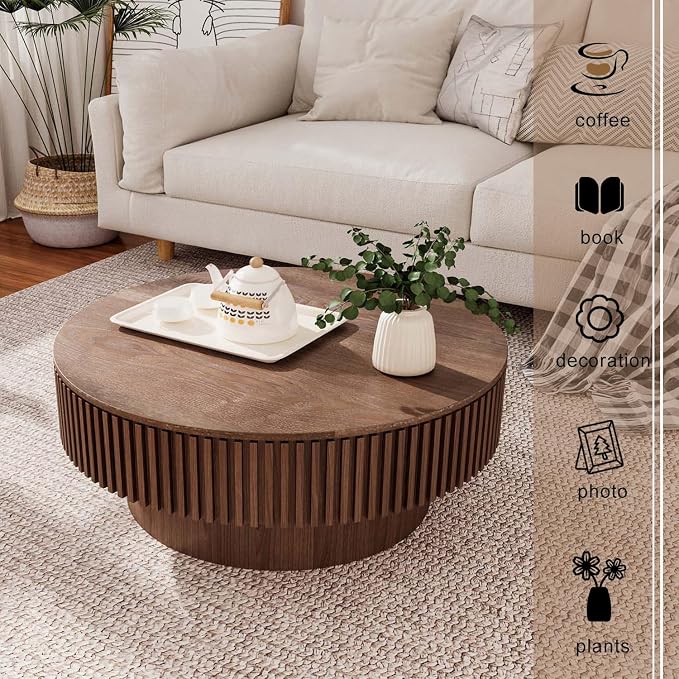 Round Coffee Table with Storage, Modern Wooden Coffee Table