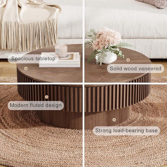Round Coffee Table with Storage, Modern Wooden Coffee Table