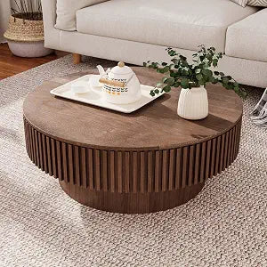 Round Coffee Table with Storage, Modern Wooden Coffee Table