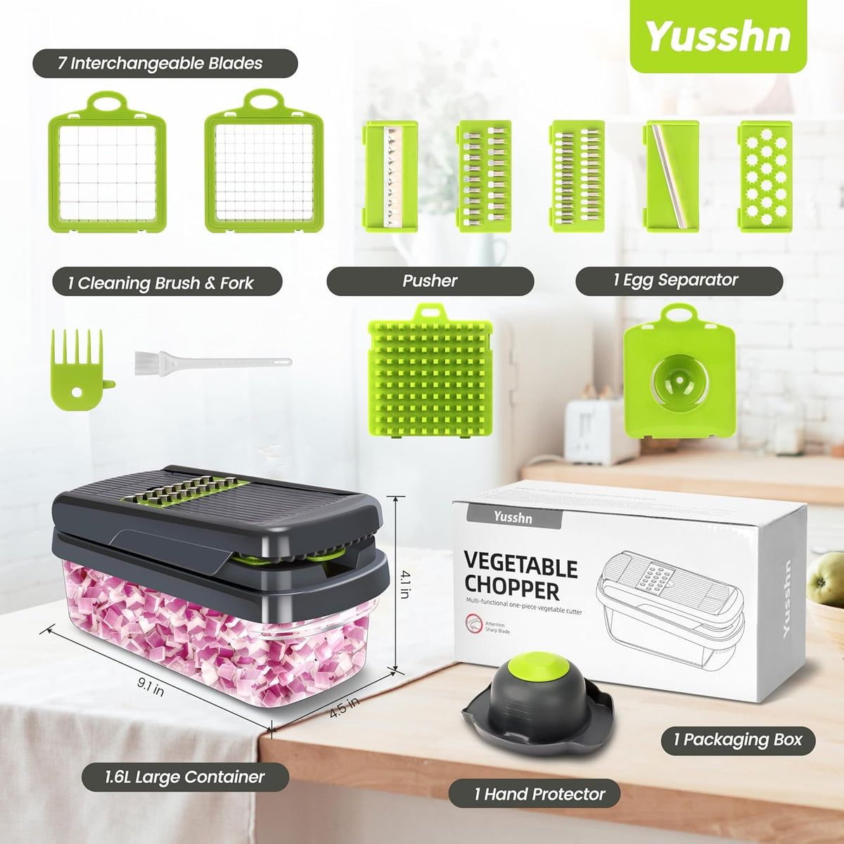 Yusshn Vegetable Chopper, 12-in-1 Food Veggie Chopper Cutter with Container | 7 Sharp Blades Dice, Slice, Shred and Grate for Salads, Onions and Meal Prep,.