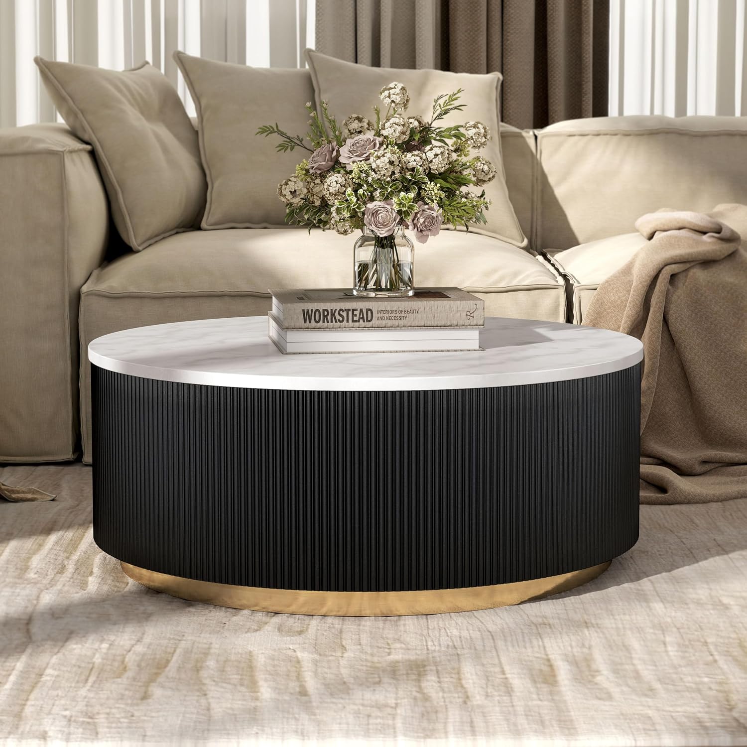 Furniture of America Beryl Round Genuine Marble Top Coffee Table, Black
